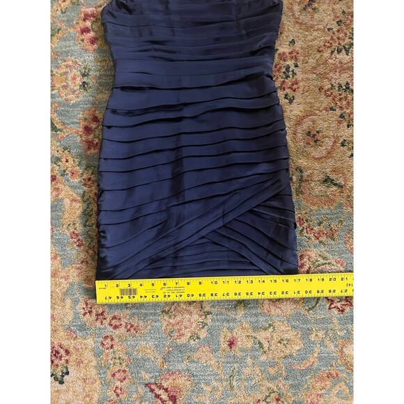 Alice + Olivia Silky Voloshin Aliska Navy Blue Ruched Satin Sheath Dress - Picture 15 of 15